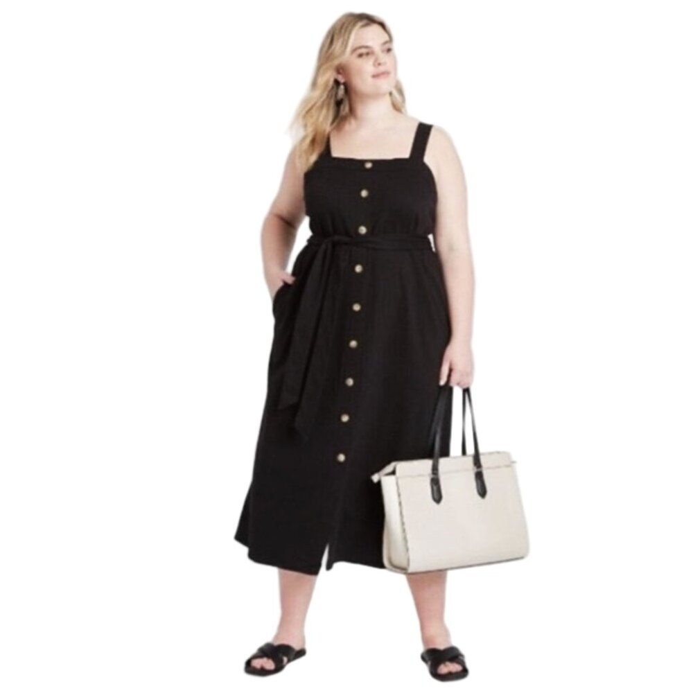 Ava + Viv Black Button Front Midi Dress, Size 1x